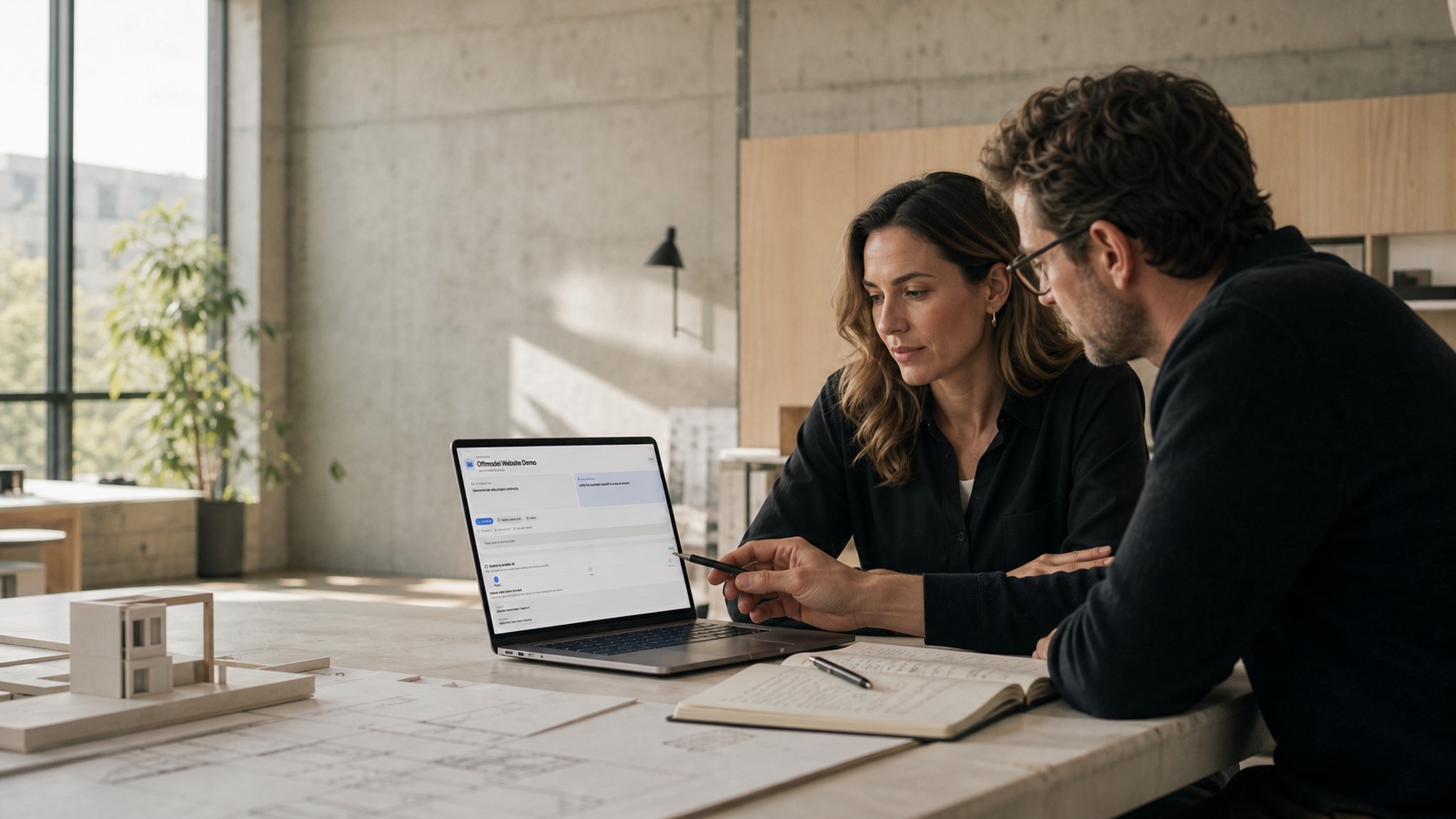 Two colleagues reviewing an Offmodel project together in a design studio.